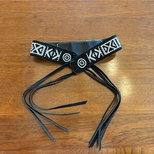 Black and White Beaded Belt with Fringe